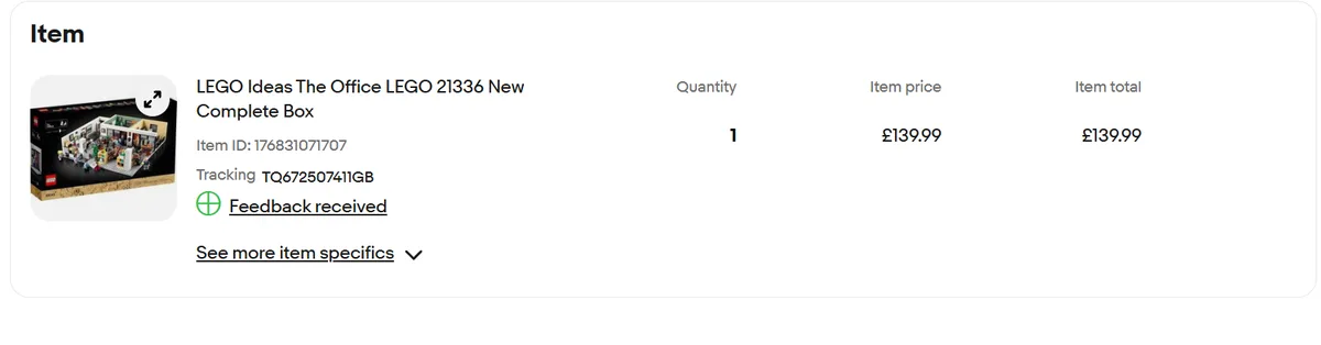 eBay sold listing for LEGO Ideas 21336 The Office at £139.99