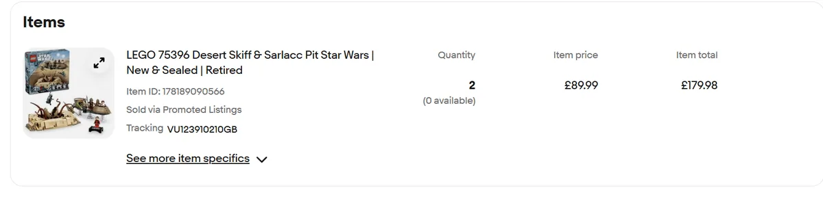 eBay sold listing for LEGO Star Wars 75396 Desert Skiff & Sarlacc Pit at £89.99